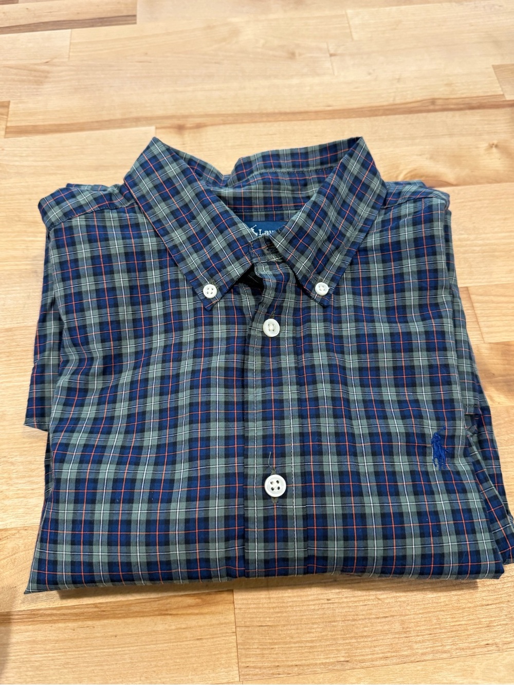 Ralph Lauren Navy Green Plaid Button-Down Shirt Long Sleeve Boys Cotton Size XL